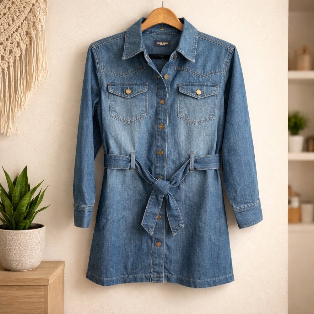 Ramy Brook New York Shirt Dress Womens Size 24 Blue Denim Mini Belted - Picture 2 of 6